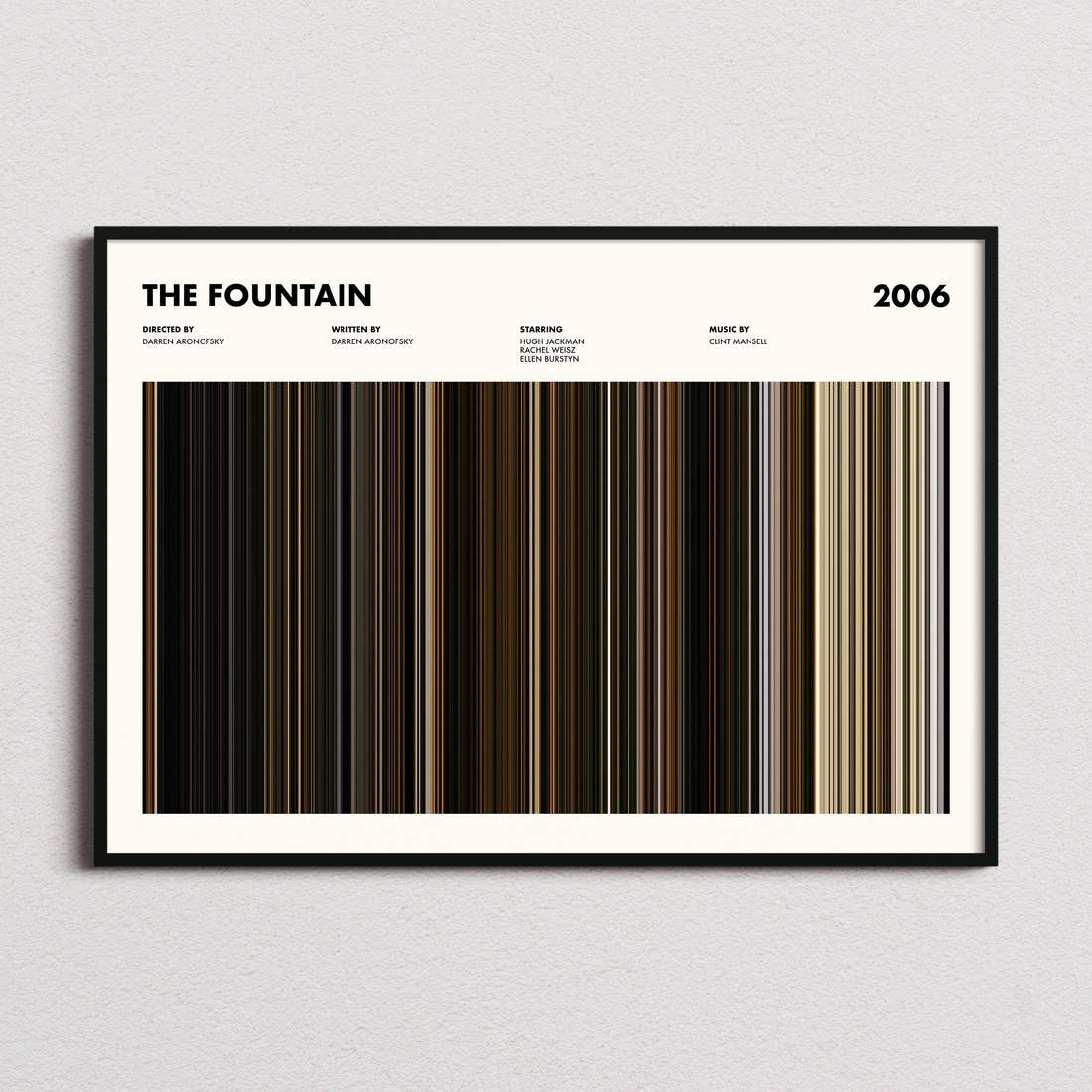 The Fountain Movie Barcode Poster framed and photographed straight on