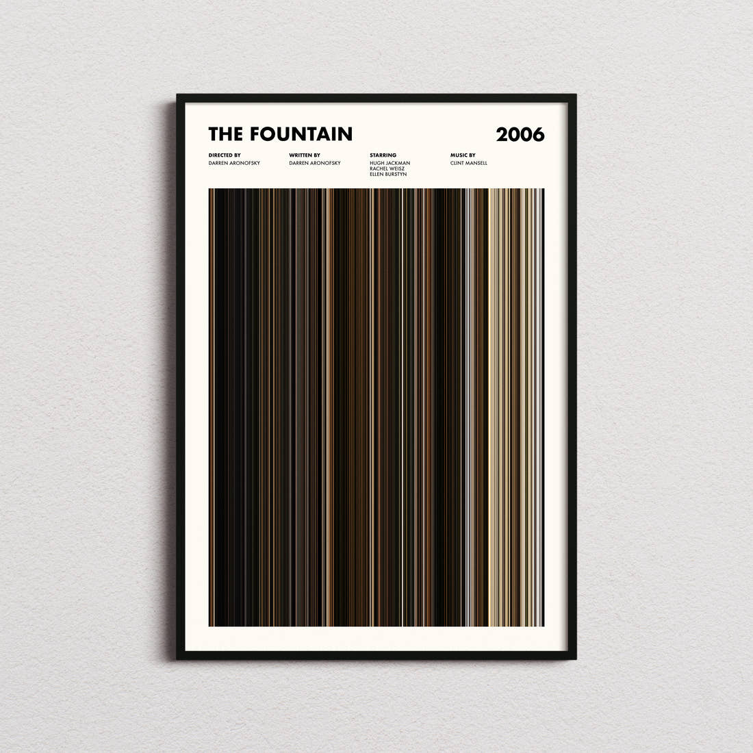 The Fountain Movie Barcode Poster framed on a plain studio wall