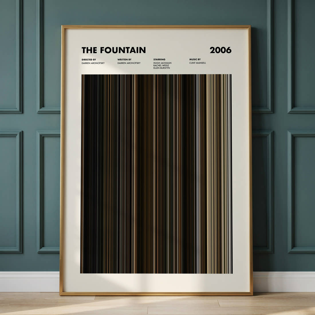 The Fountain Movie Barcode Poster framed and leaning against a panelled wall