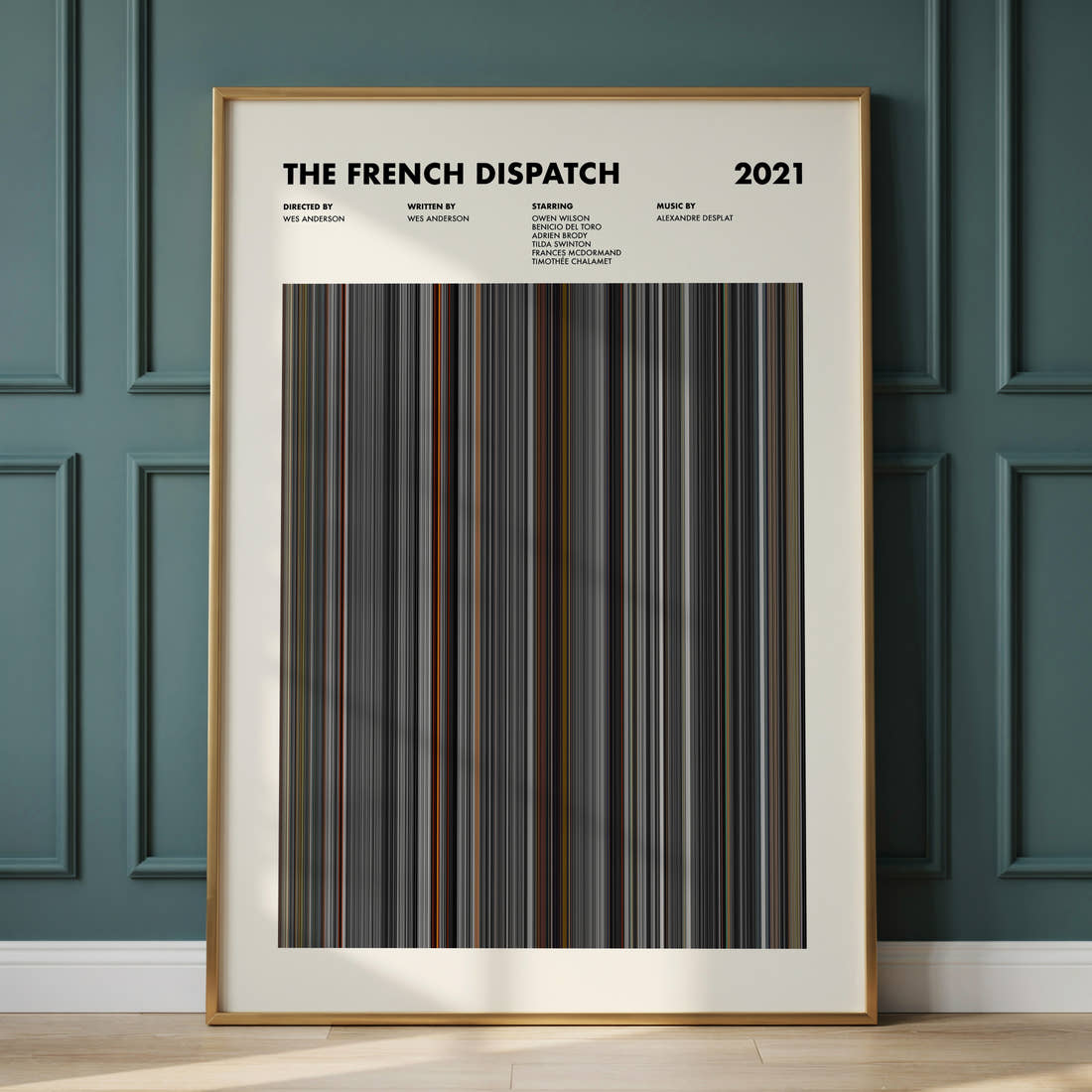 The French Dispatch Movie Barcode Poster framed and leaning against a panelled wall