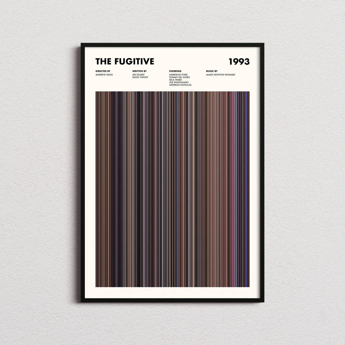 The Fugitive Movie Barcode Poster framed on a plain studio wall