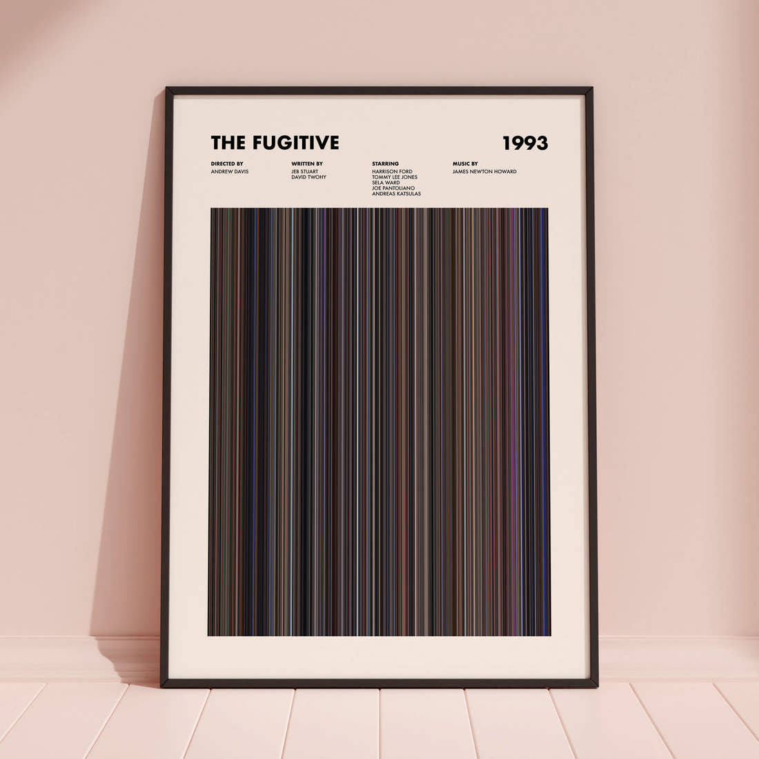 The Fugitive Movie Barcode Poster framed and leaning against a coloured wall