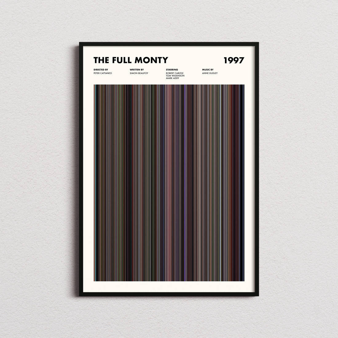 The Full Monty Movie Barcode Poster framed on a plain studio wall