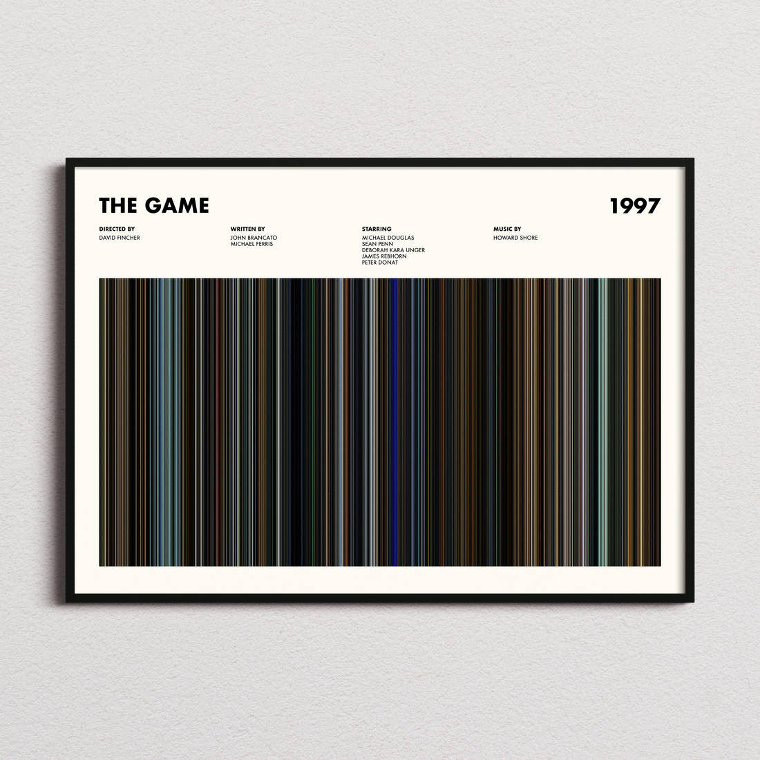 The Game Movie Barcode Poster framed and photographed straight on