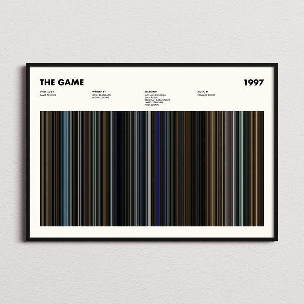 The Game Movie Barcode Poster framed and photographed straight on