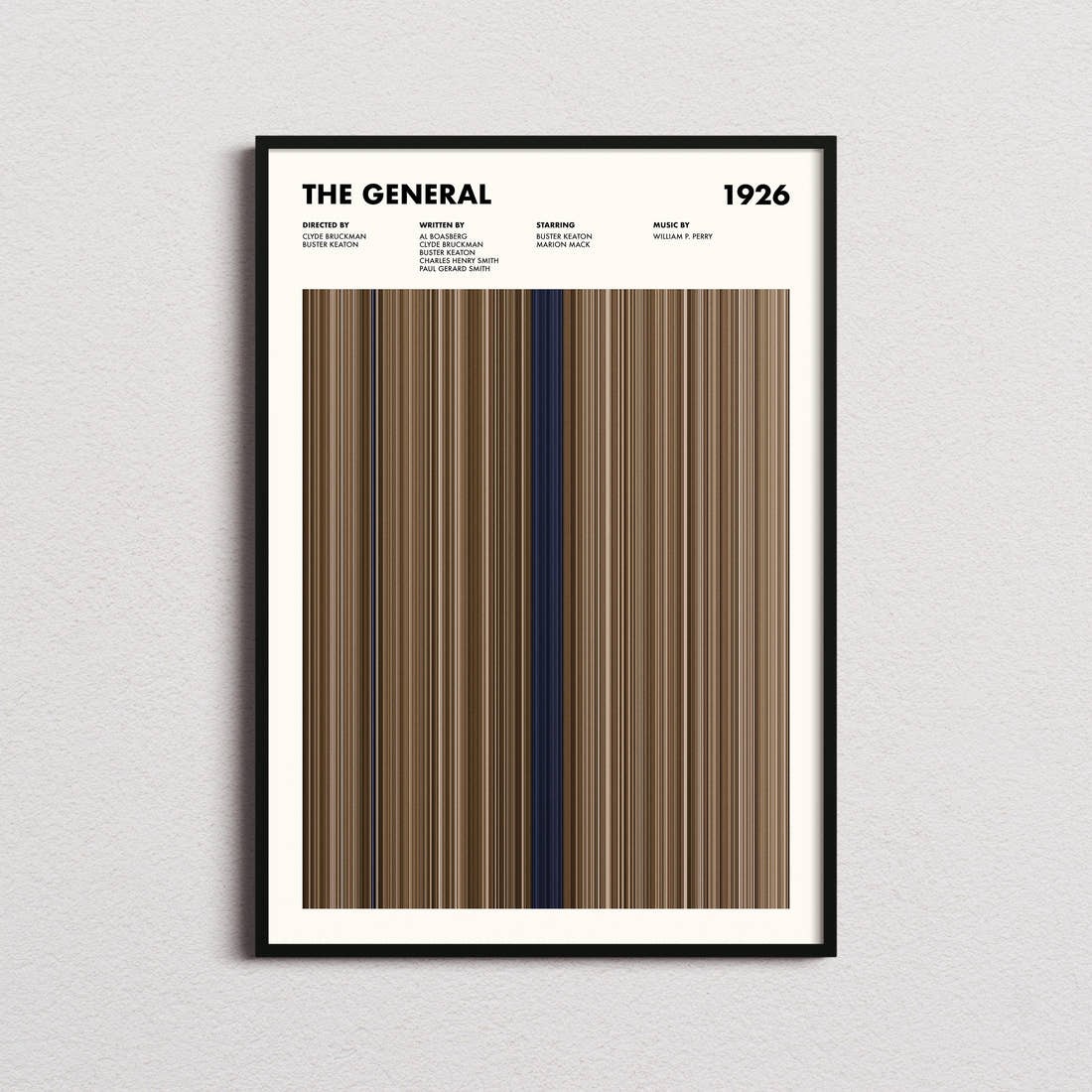 The General Movie Barcode Poster framed on a plain studio wall