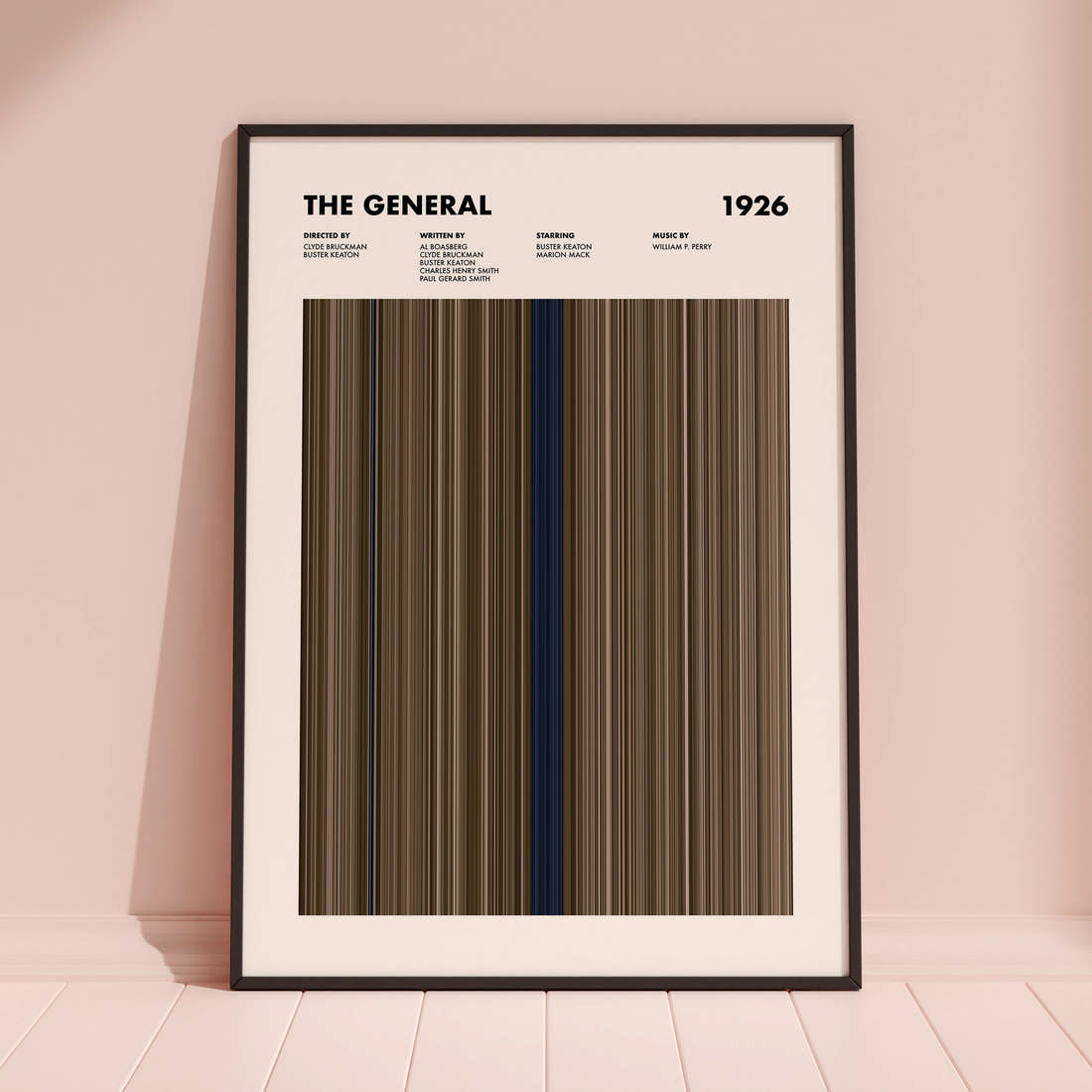 The General Movie Barcode Poster framed and leaning against a coloured wall
