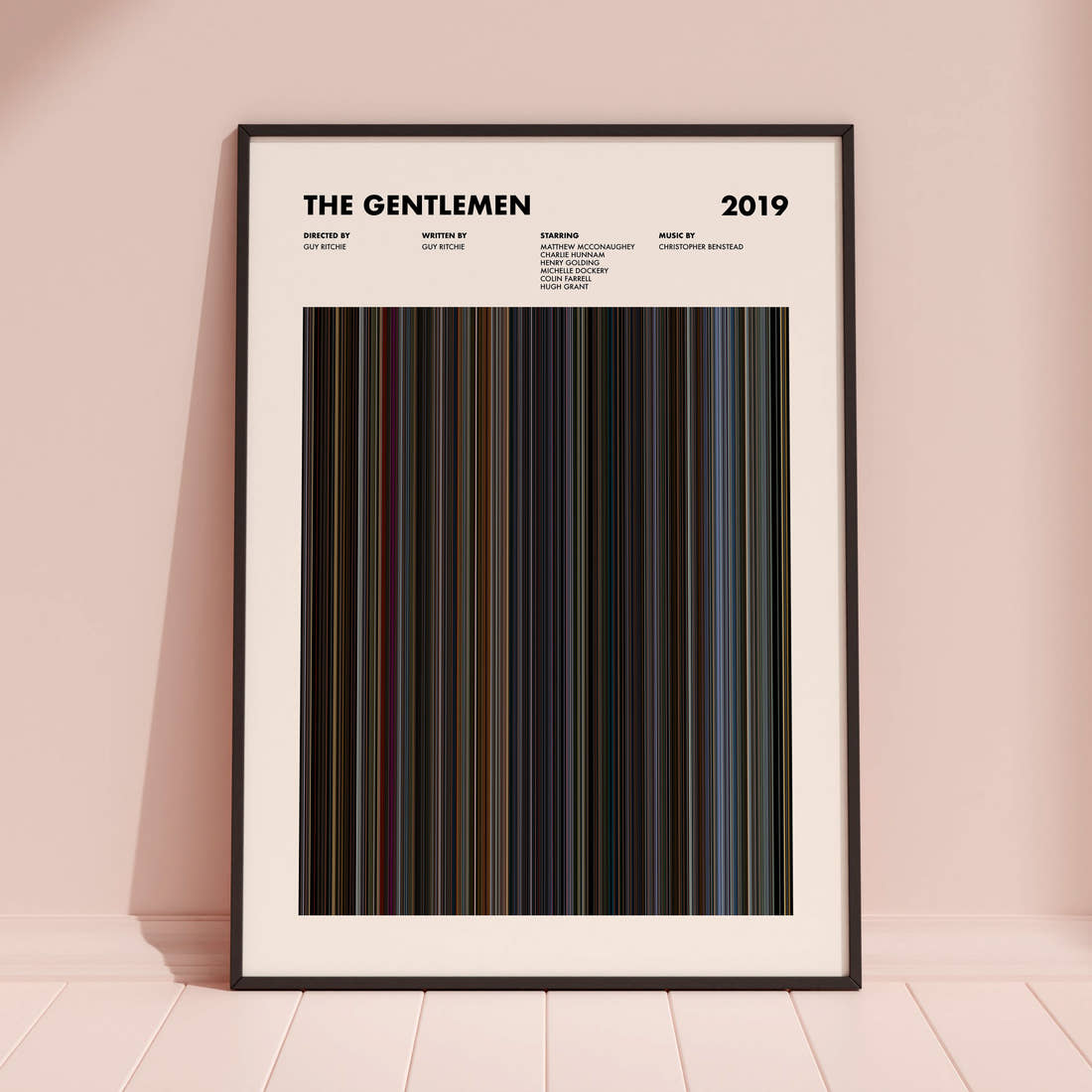 The Gentlemen Movie Barcode Poster framed and leaning against a coloured wall