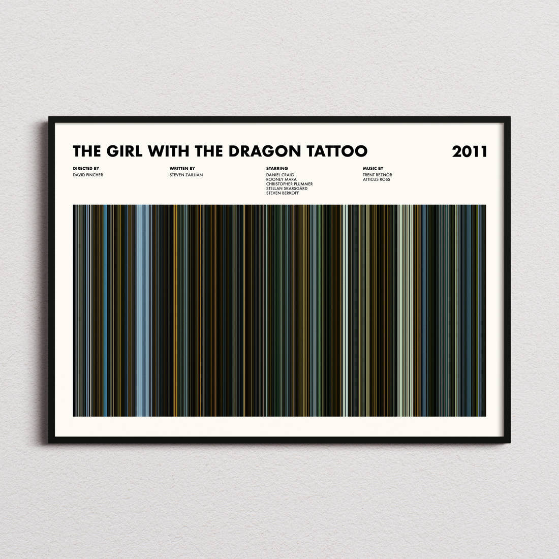 The Girl with the Dragon Tattoo Movie Barcode Poster framed and photographed straight on