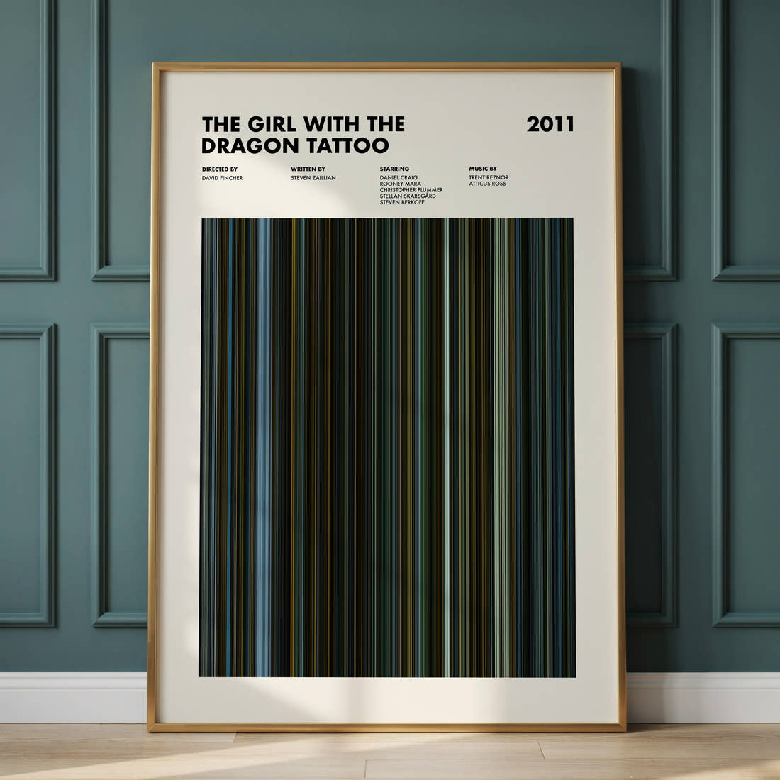 The Girl with the Dragon Tattoo Movie Barcode Poster framed and leaning against a panelled wall