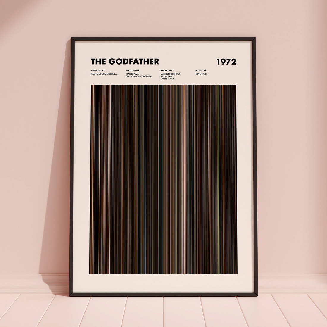 The Godfather Movie Barcode Poster framed and leaning against a coloured wall