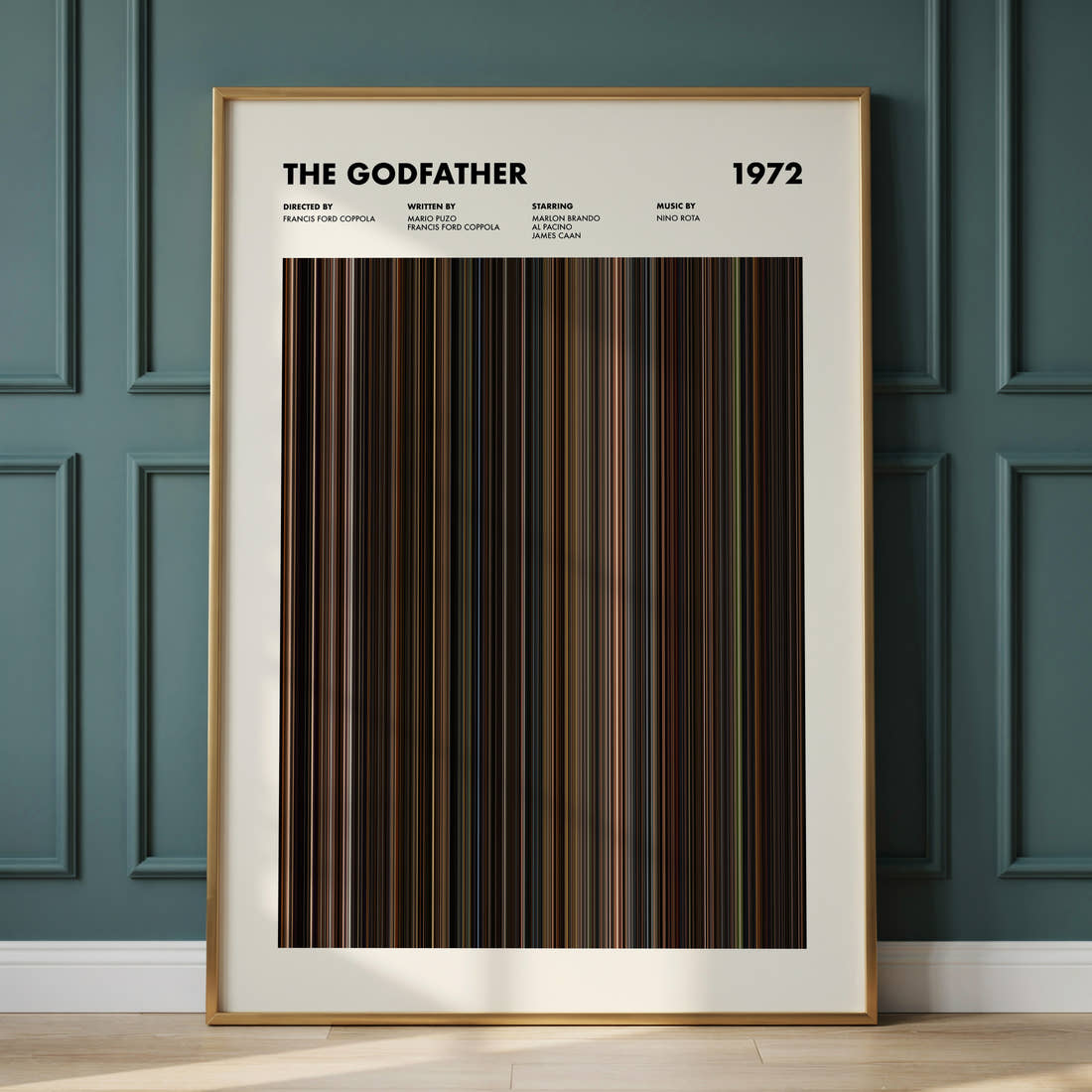 The Godfather Movie Barcode Poster framed and leaning against a panelled wall