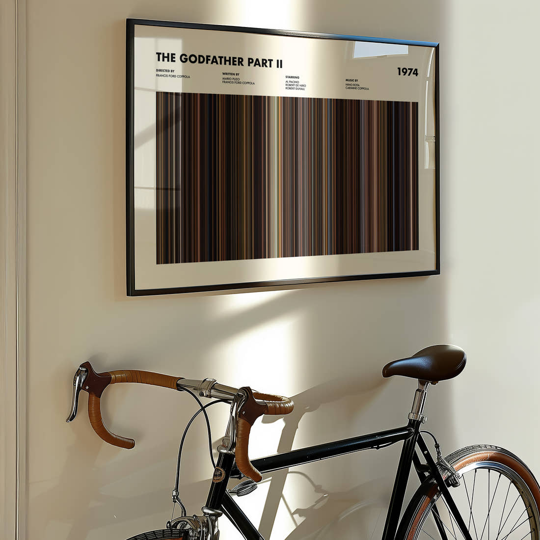 The Godfather 2 Movie Barcode Poster framed on the wall of a styled room setting