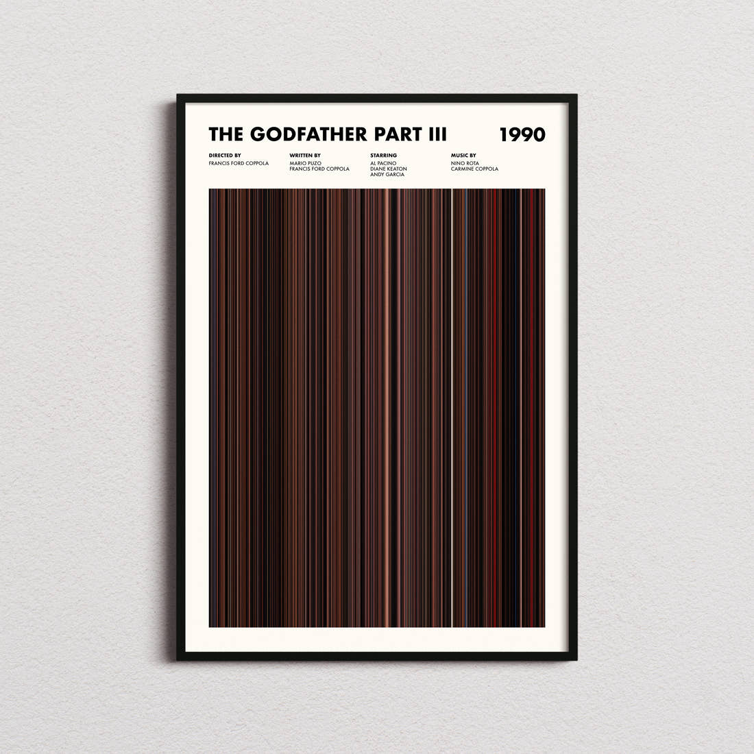 The Godfather 3 Movie Barcode Poster framed on a plain studio wall