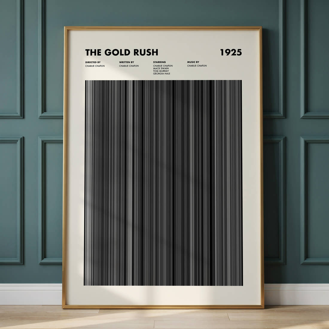The Gold Rush Movie Barcode Poster framed and leaning against a panelled wall