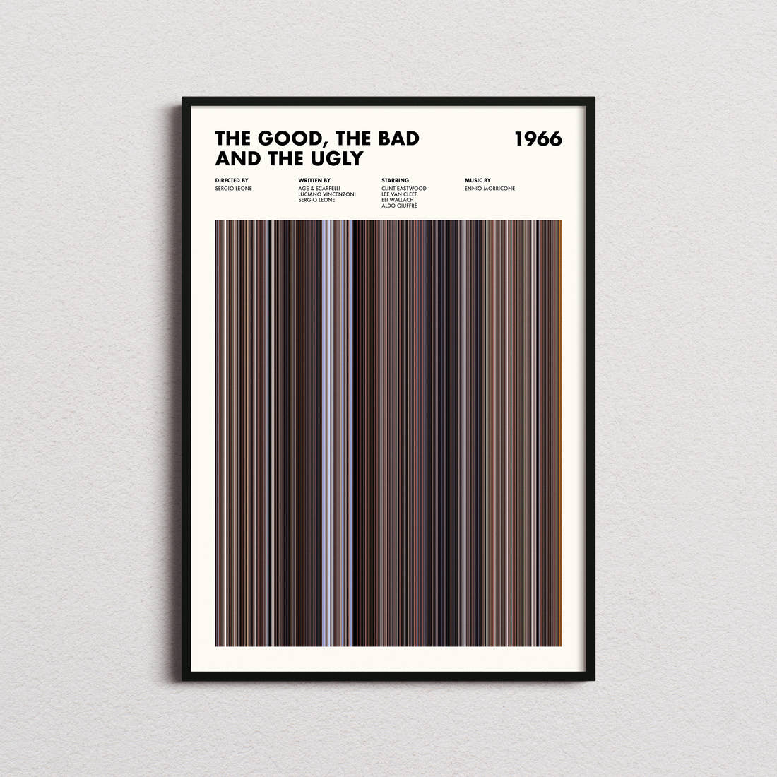The Good, the Bad and the Ugly Movie Barcode Poster framed on a plain studio wall
