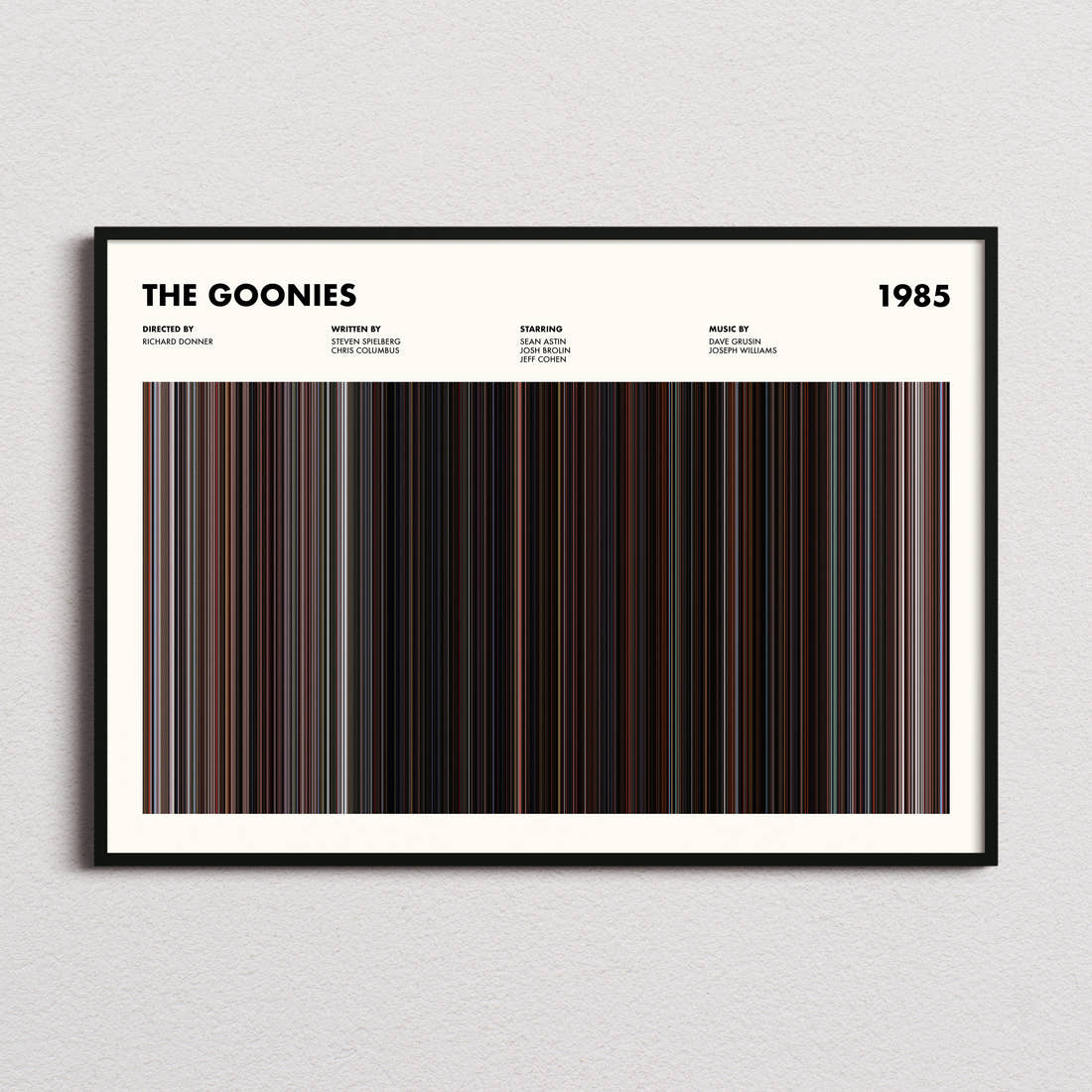 The Goonies Movie Barcode Poster framed and photographed straight on