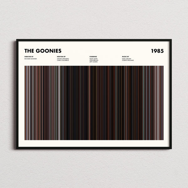 The Goonies Movie Barcode Poster framed and photographed straight on