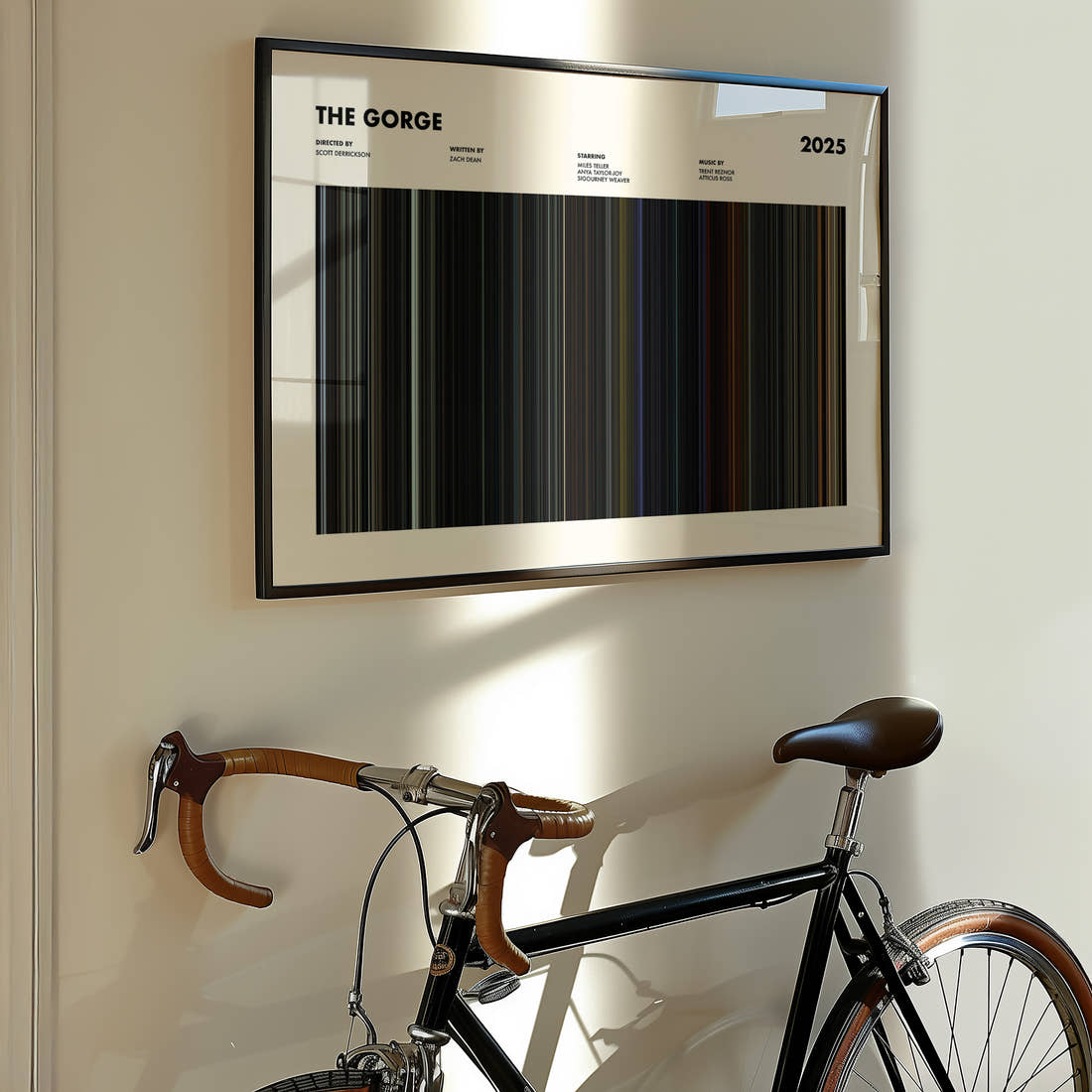 The Gorge Movie Barcode Poster framed on the wall of a styled room setting