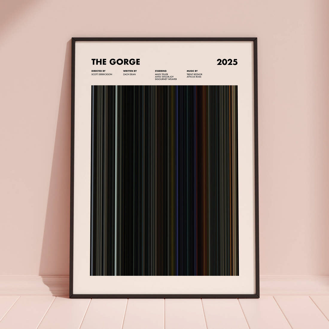 The Gorge Movie Barcode Poster framed and leaning against a coloured wall