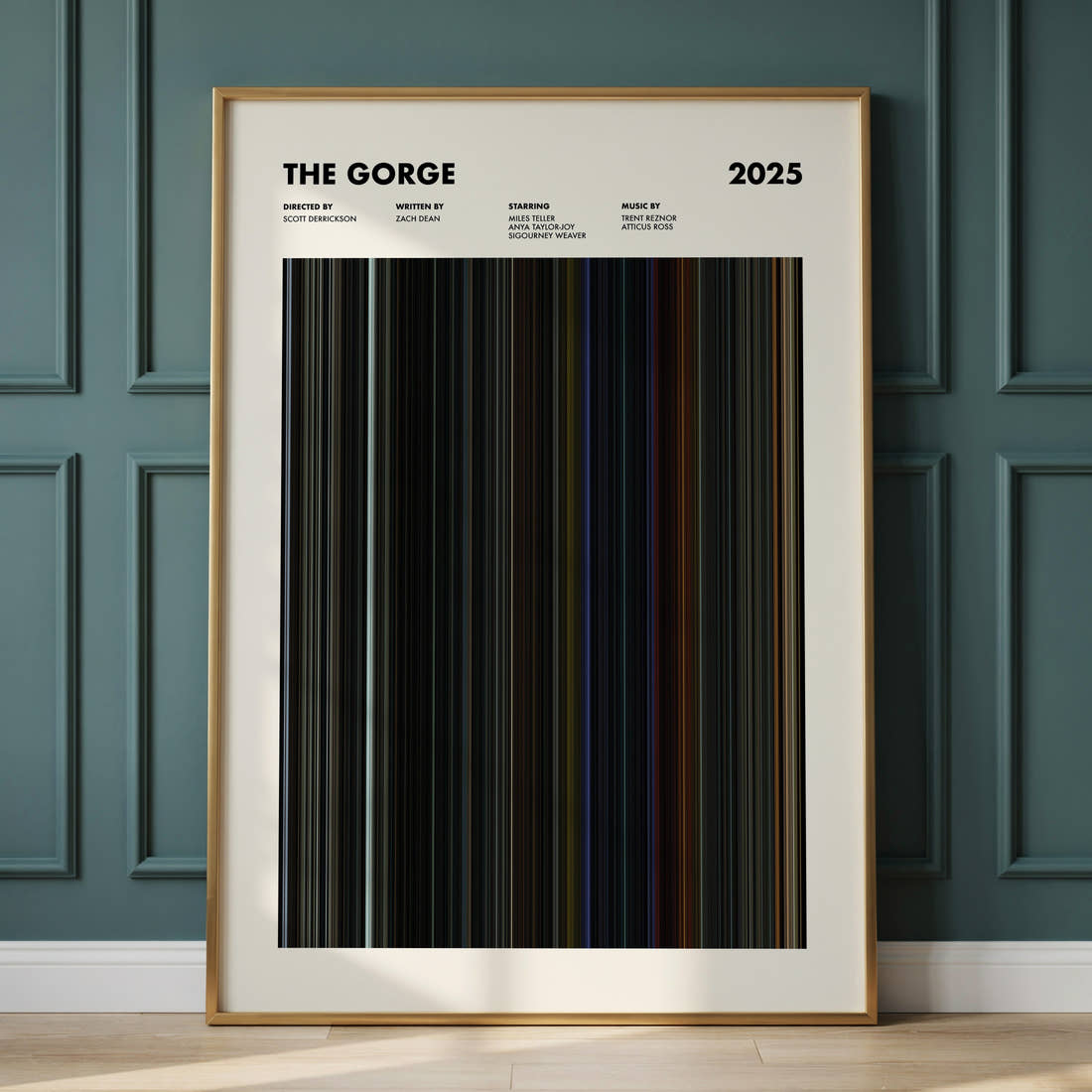 The Gorge Movie Barcode Poster framed and leaning against a panelled wall