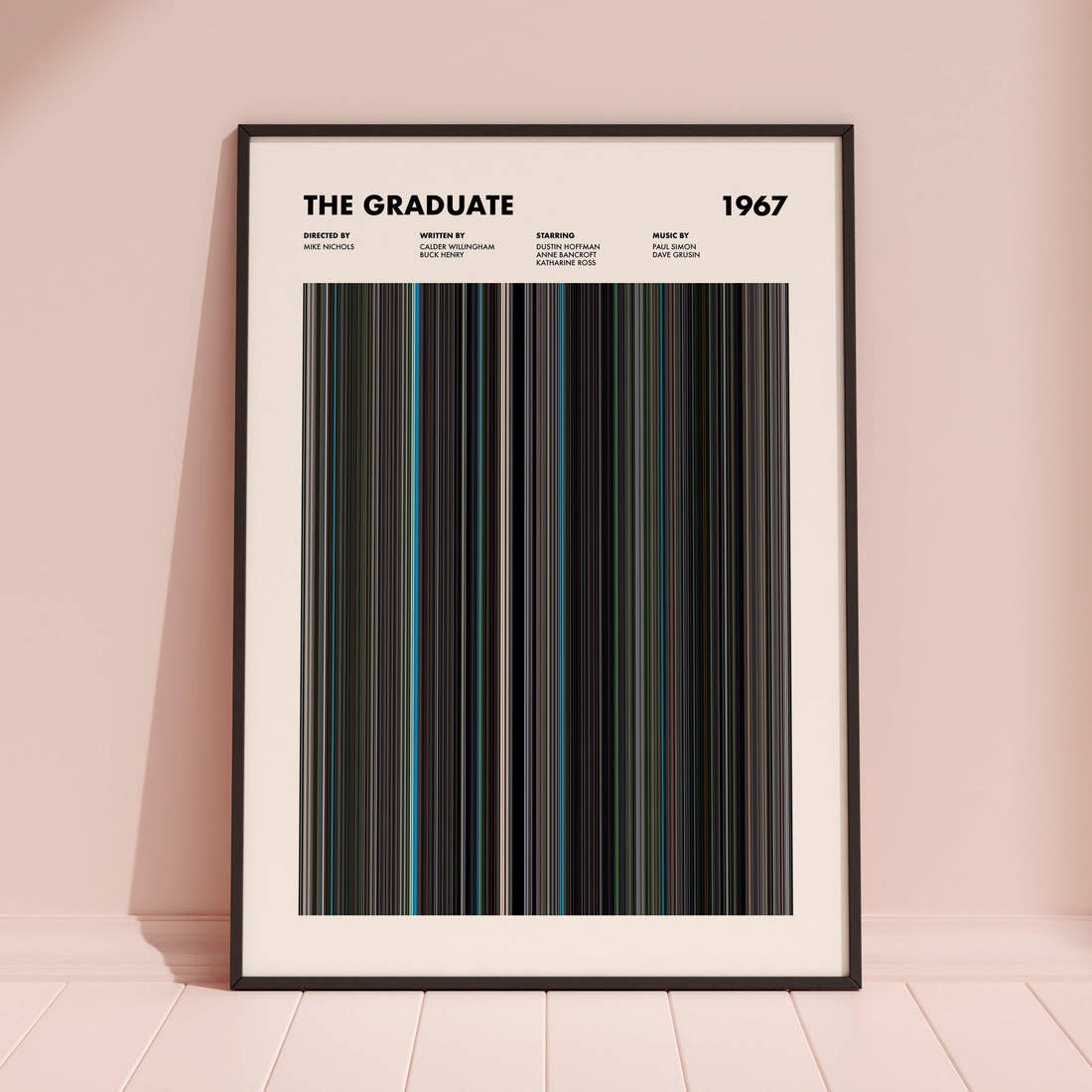The Graduate Movie Barcode Poster framed and leaning against a coloured wall