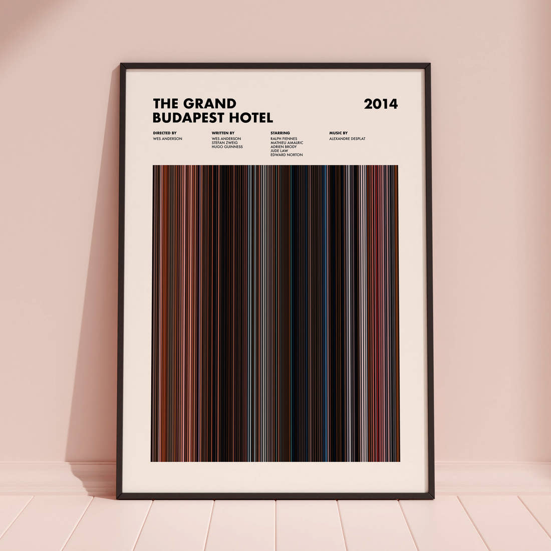 The Grand Budapest Hotel Movie Barcode Poster framed and leaning against a coloured wall