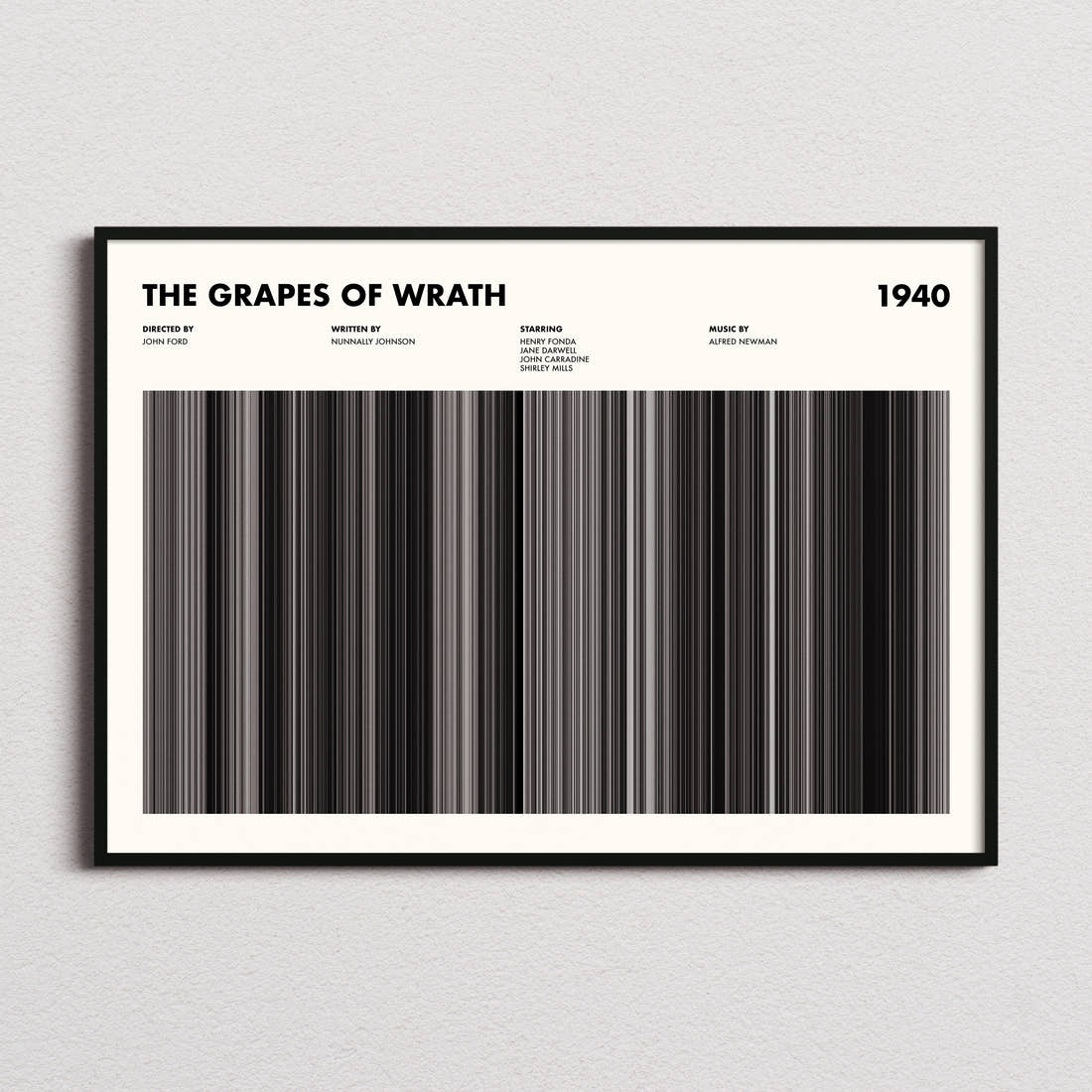 The Grapes Of Wrath Movie Barcode Poster framed and photographed straight on