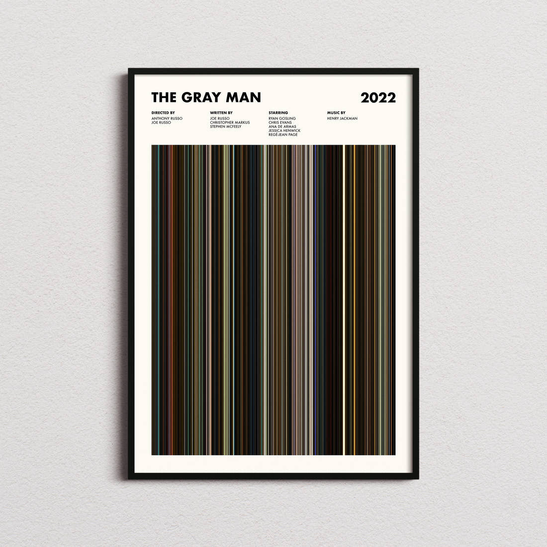 The Gray Man Movie Barcode Poster framed on a plain studio wall