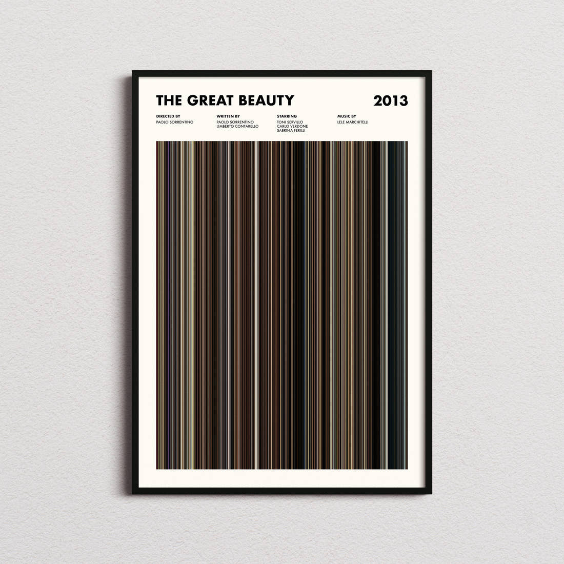 The Great Beauty Movie Barcode Poster framed on a plain studio wall
