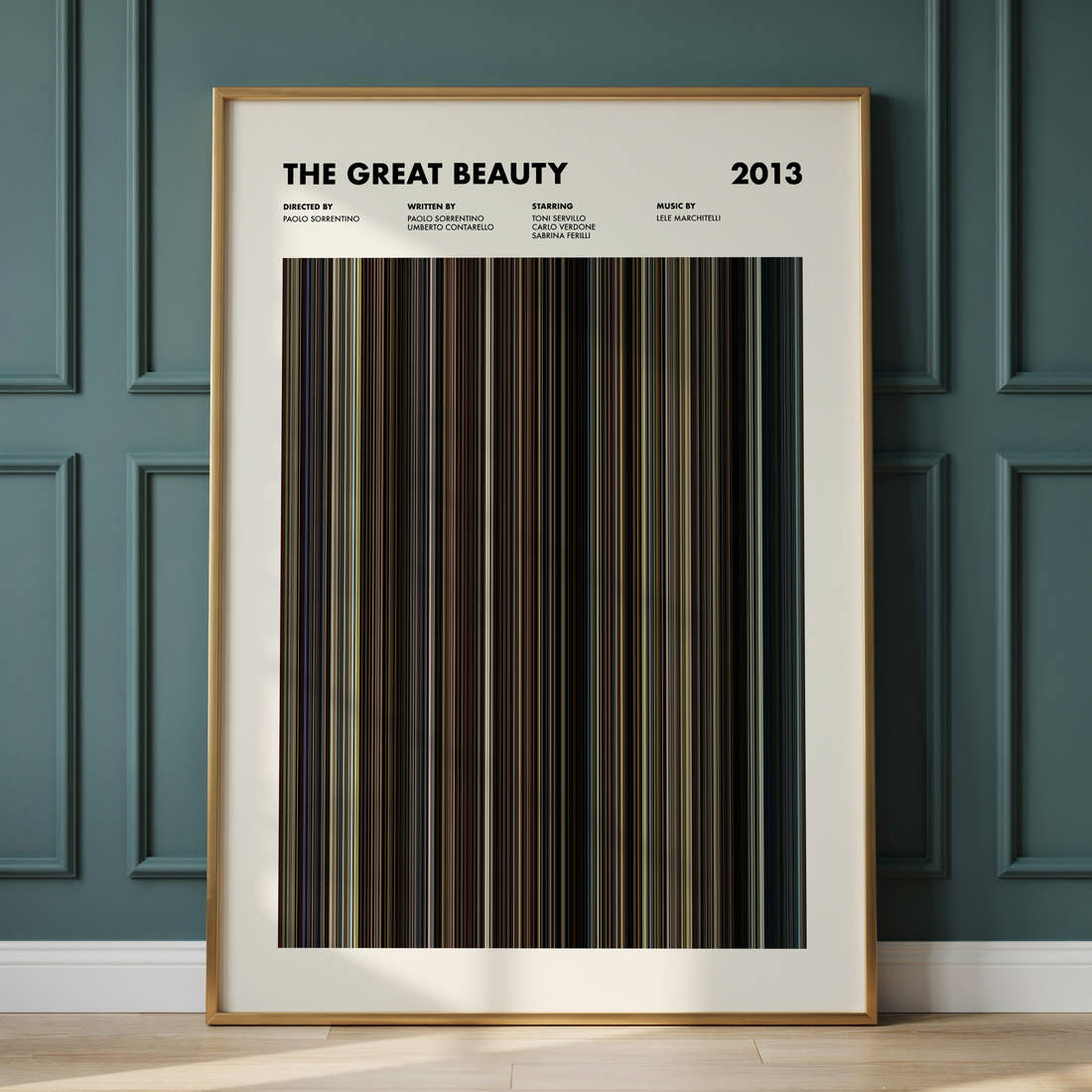 The Great Beauty Movie Barcode Poster framed and leaning against a panelled wall