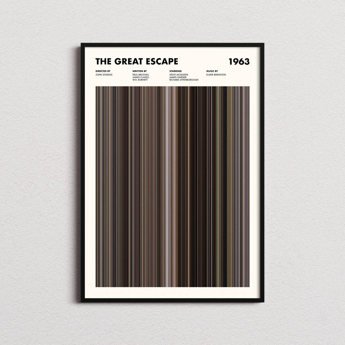 The Great Escape Movie Barcode Poster framed on a plain studio wall