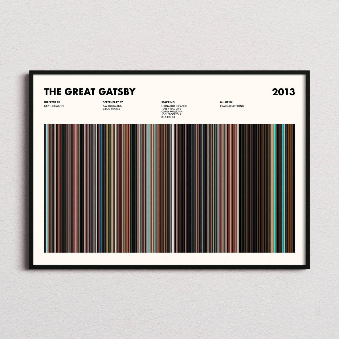 The Great Gatsby Movie Barcode Poster framed and photographed straight on