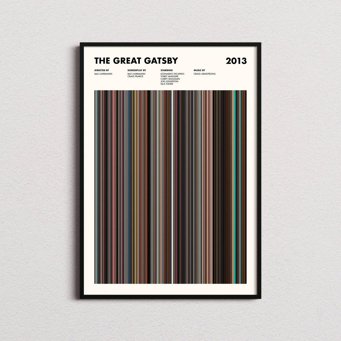 The Great Gatsby Movie Barcode Poster framed on a plain studio wall