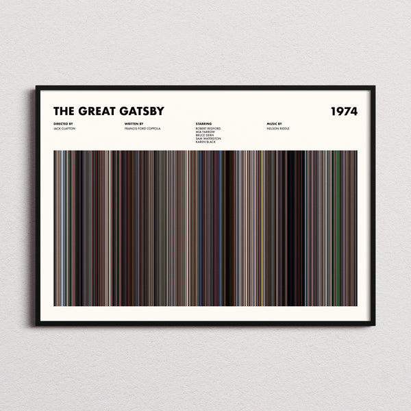 The Great Gatsby 1974 Movie Barcode Poster framed and photographed straight on
