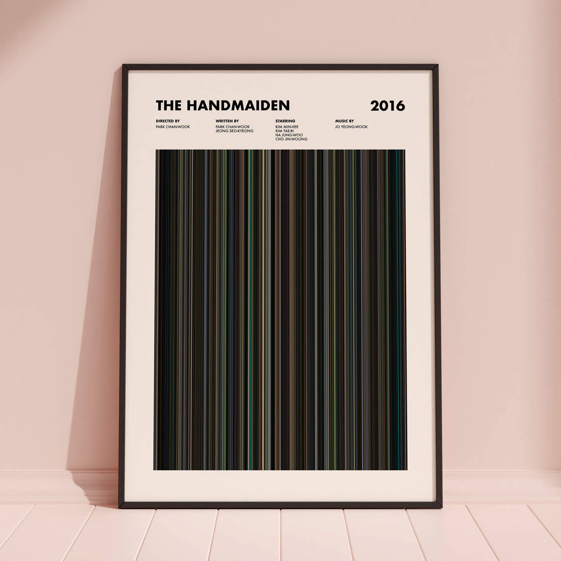 The Handmaiden Movie Barcode Poster framed and leaning against a coloured wall