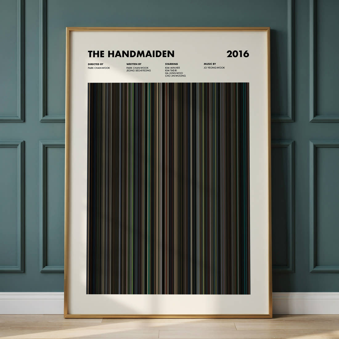 The Handmaiden Movie Barcode Poster framed and leaning against a panelled wall