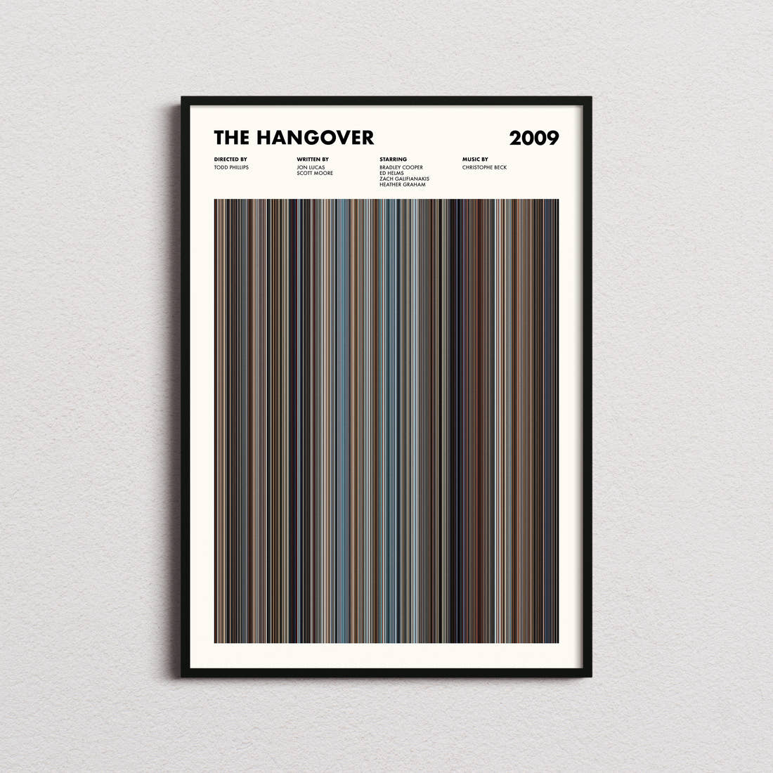 The Hangover Movie Barcode Poster framed on a plain studio wall