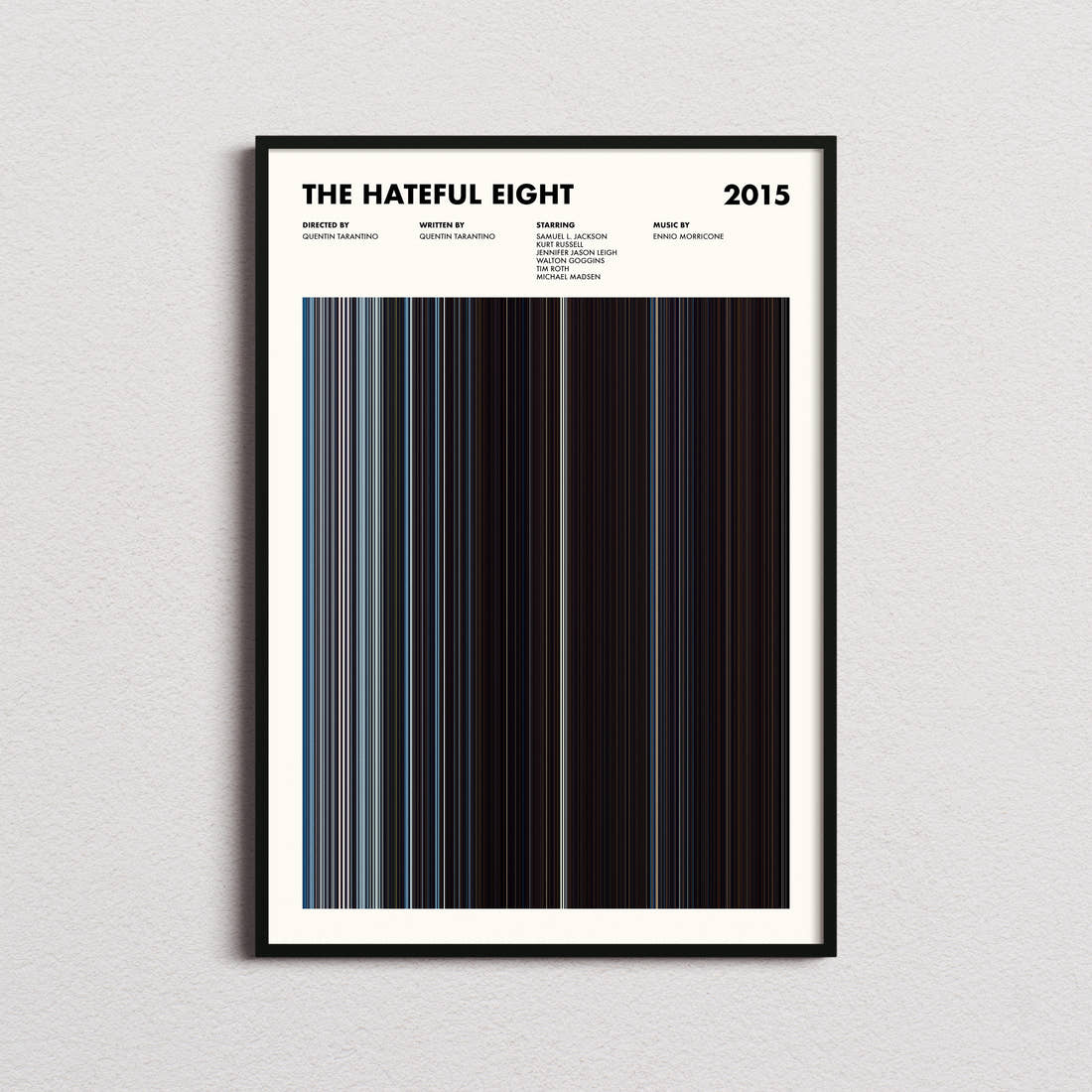 The Hateful Eight Movie Barcode Poster framed on a plain studio wall
