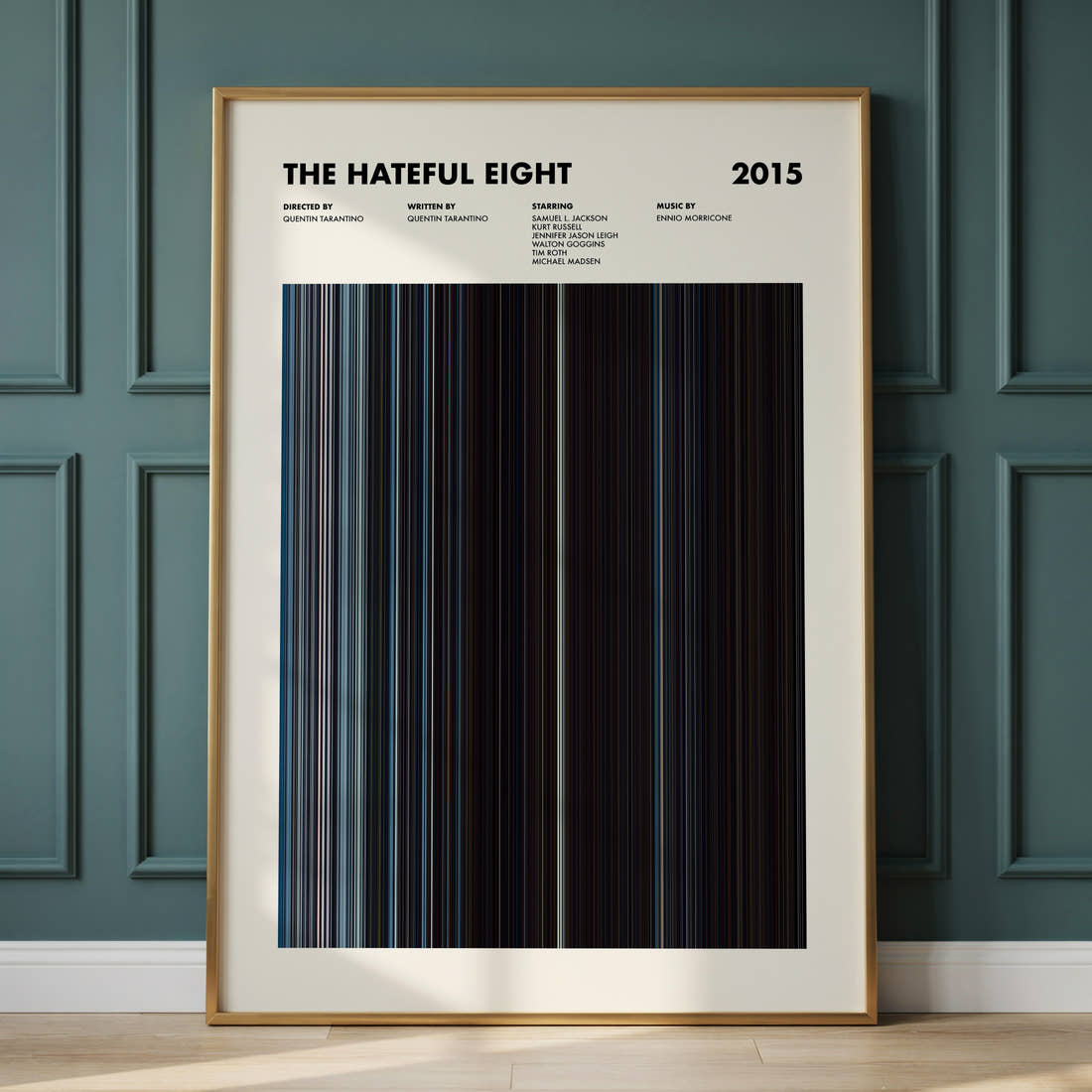 The Hateful Eight Movie Barcode Poster framed and leaning against a panelled wall