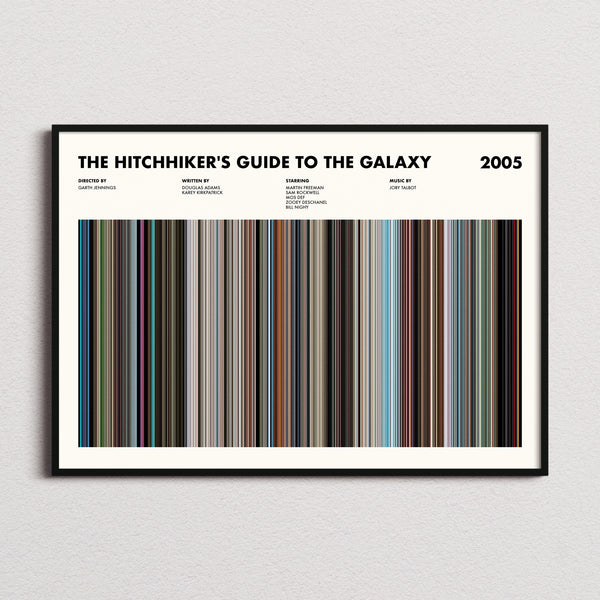 The Hitchhikers Guide To The Galaxy Movie Barcode Poster framed and photographed straight on