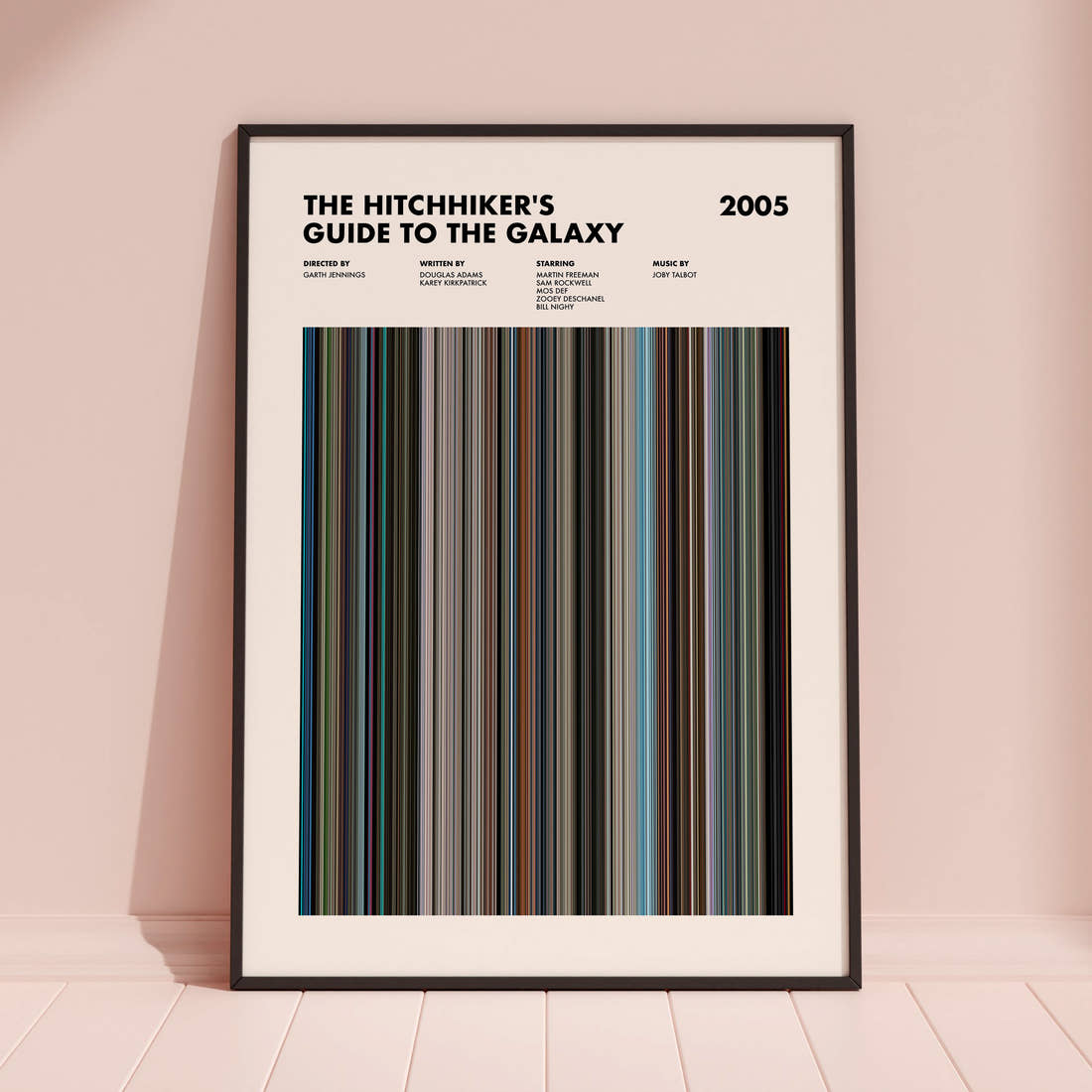 The Hitchhikers Guide To The Galaxy Movie Barcode Poster framed and leaning against a coloured wall