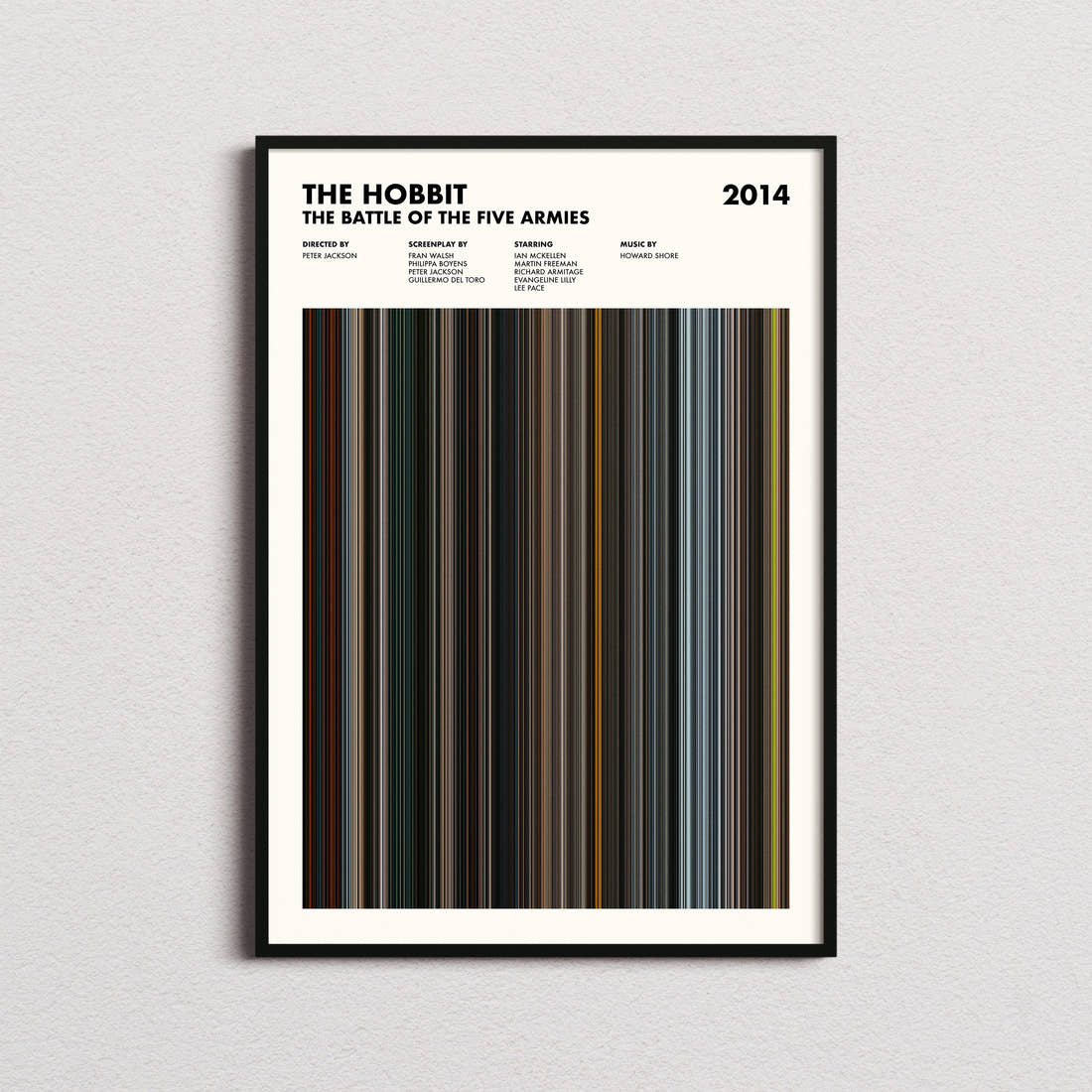 The Hobbit: The Battle of the Five Armies Movie Barcode Poster framed on a plain studio wall