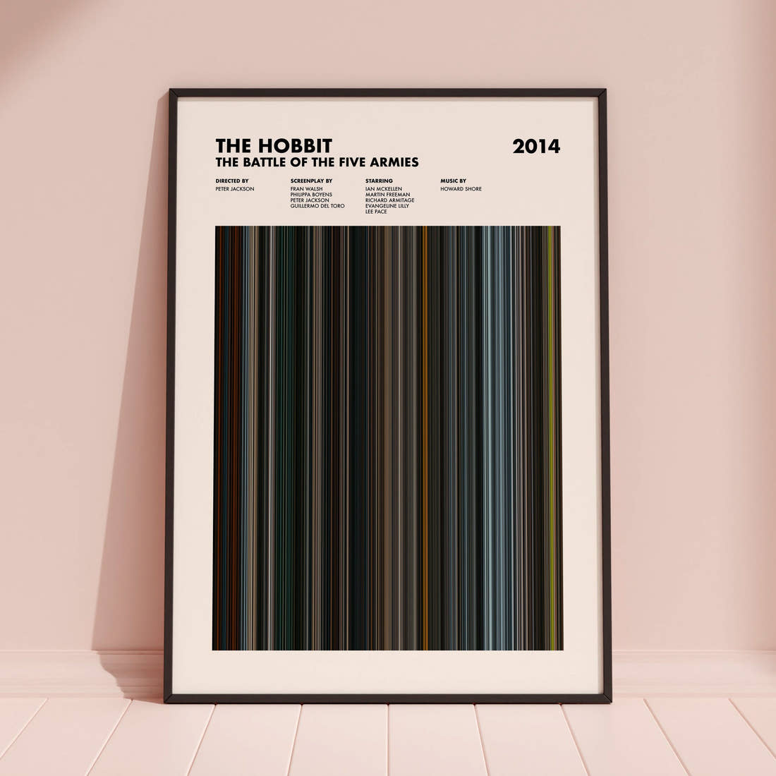 The Hobbit: The Battle of the Five Armies Movie Barcode Poster framed and leaning against a coloured wall
