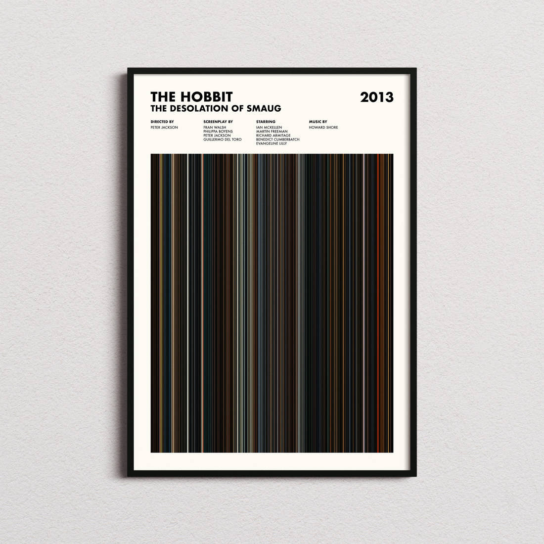 The Hobbit: The Desolation of Smaug Movie Barcode Poster framed on a plain studio wall