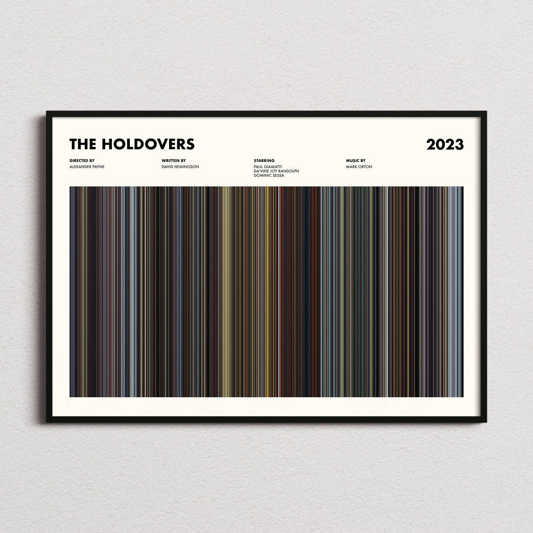The Holdovers Movie Barcode Poster framed and photographed straight on