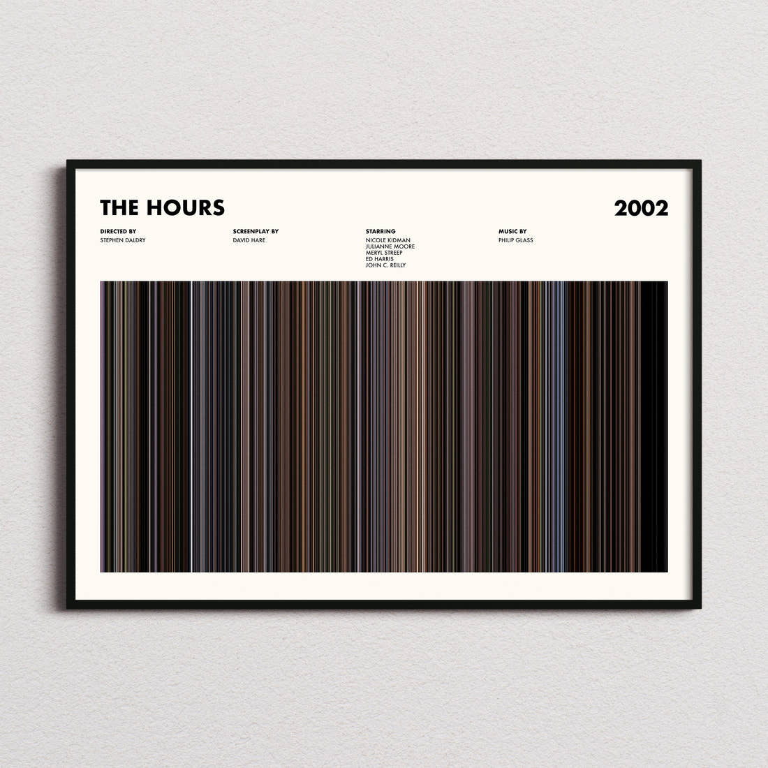The Hours Movie Barcode Poster framed and photographed straight on