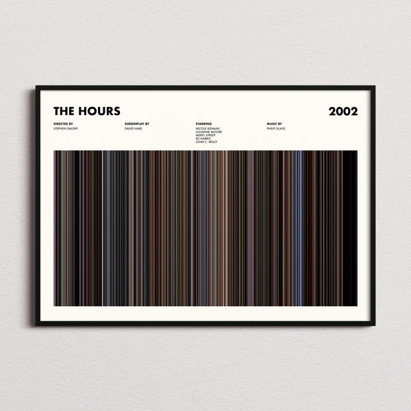 The Hours Movie Barcode Poster framed and photographed straight on