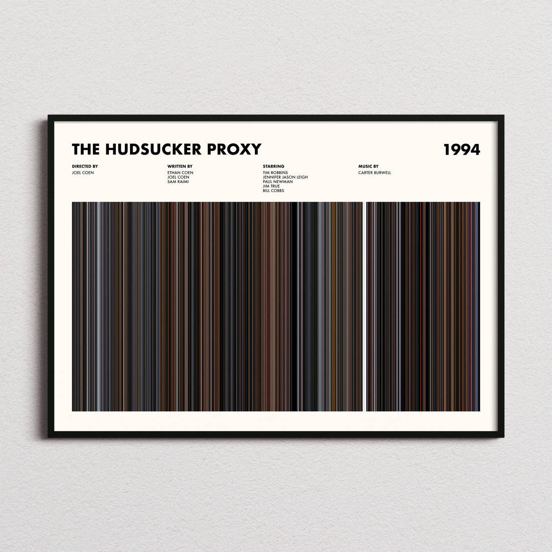 The Hudsucker Proxy Movie Barcode Poster framed and photographed straight on