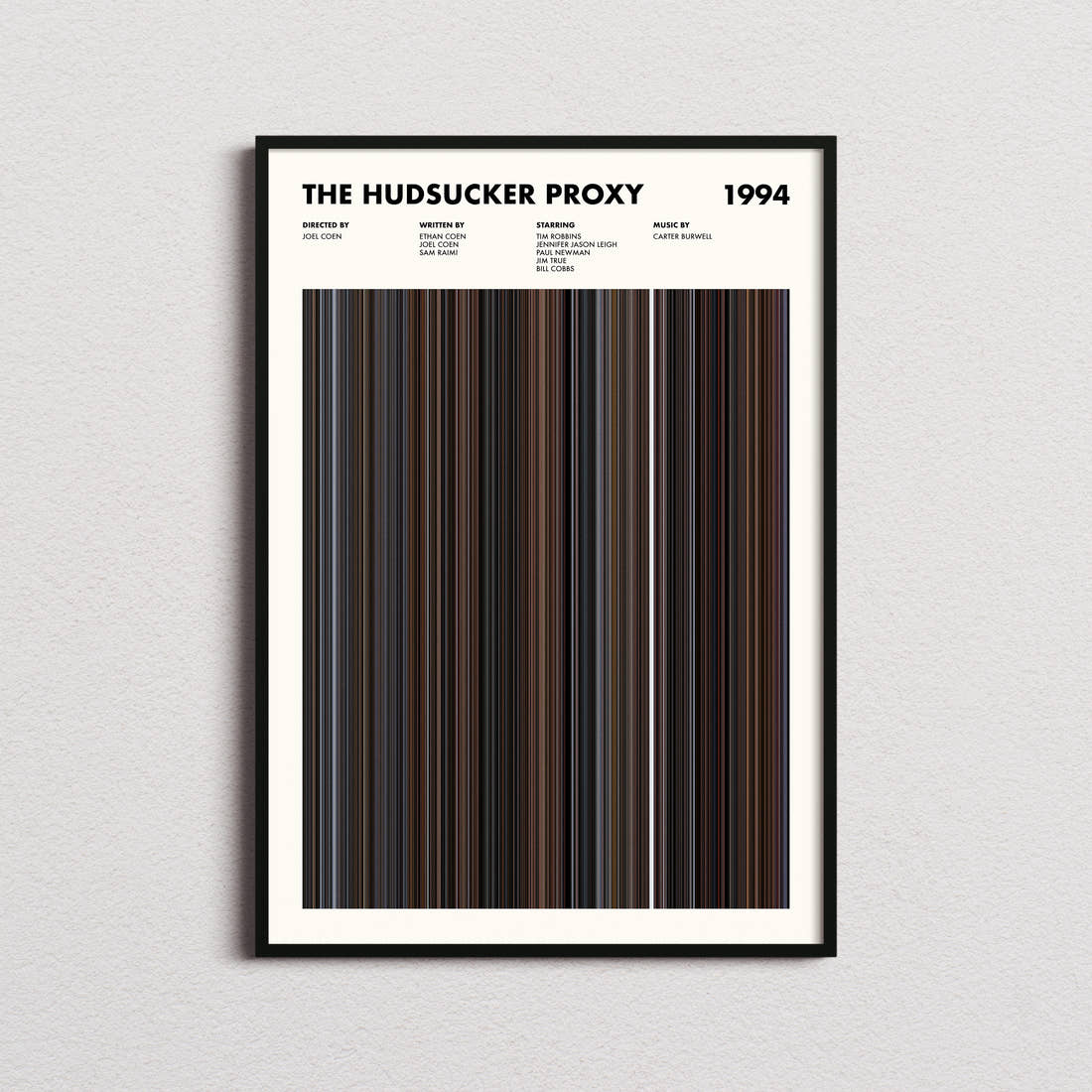 The Hudsucker Proxy Movie Barcode Poster framed on a plain studio wall